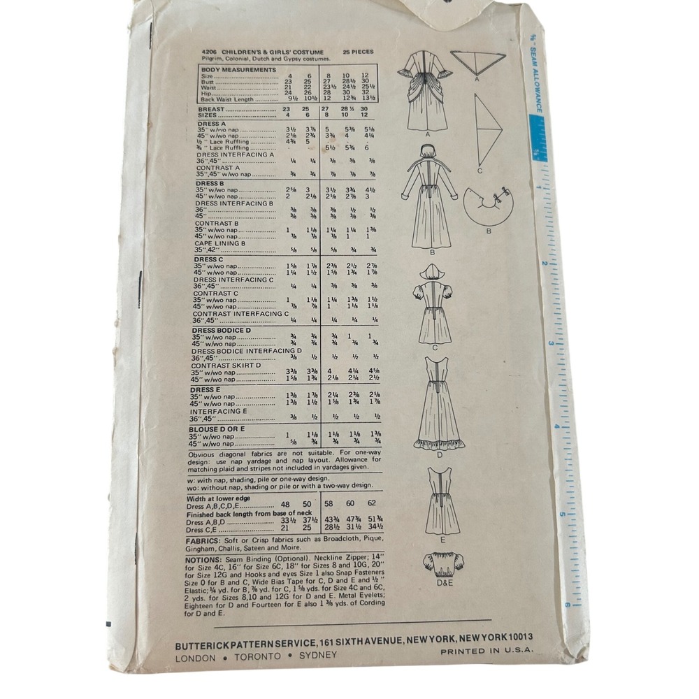 Butterick Sewing Pattern Girls Size 4 Multi Pilgrim Colonial Dutch Gypsy 4206 - Picture 3 of 3